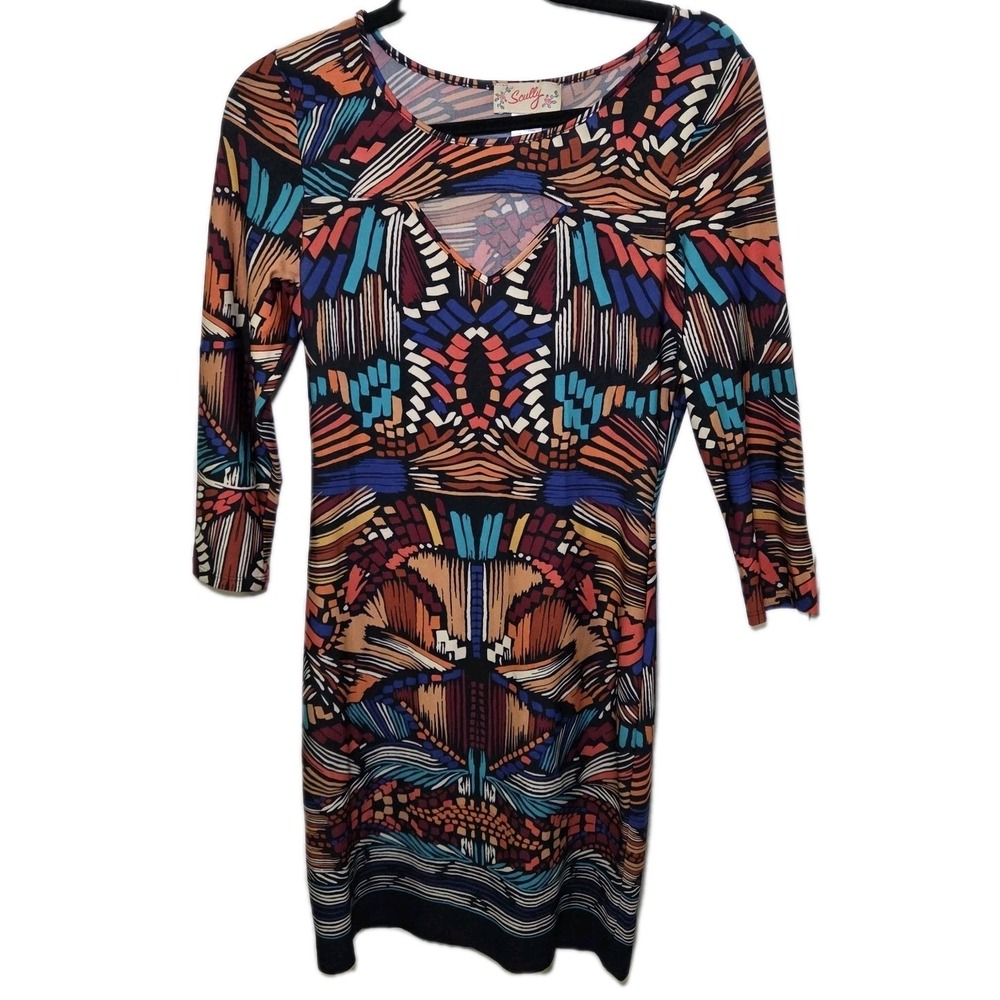 Scully Abstract Geometric Print Knit Dress Women's M Keyhole Neck Stretch